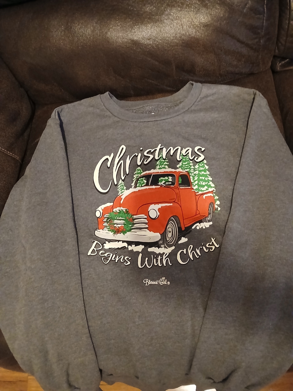 Women's Gray Crewneck Sweatshirt with Red Christmas Truck Graphic